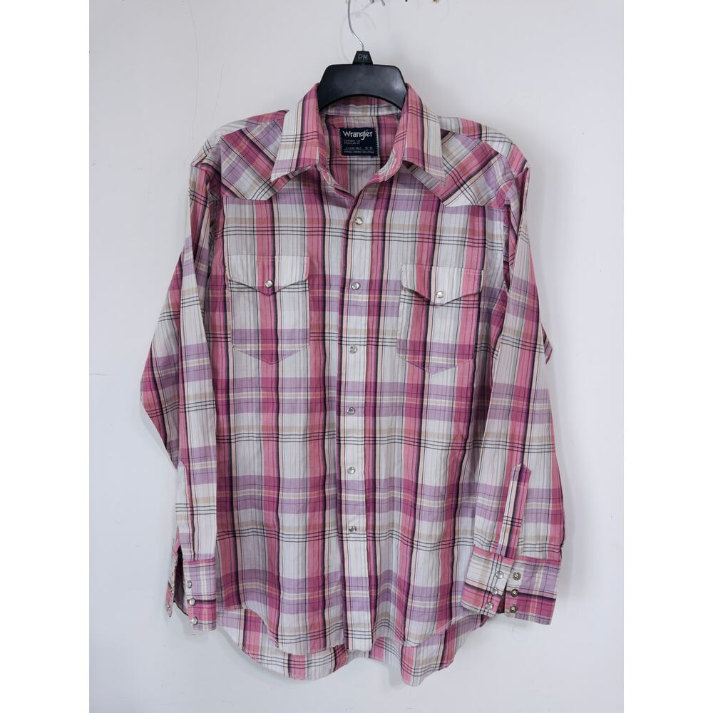Wrangler Cowboy Cut Shirt in pink, white & purple‎ plaid sz 16-34 western